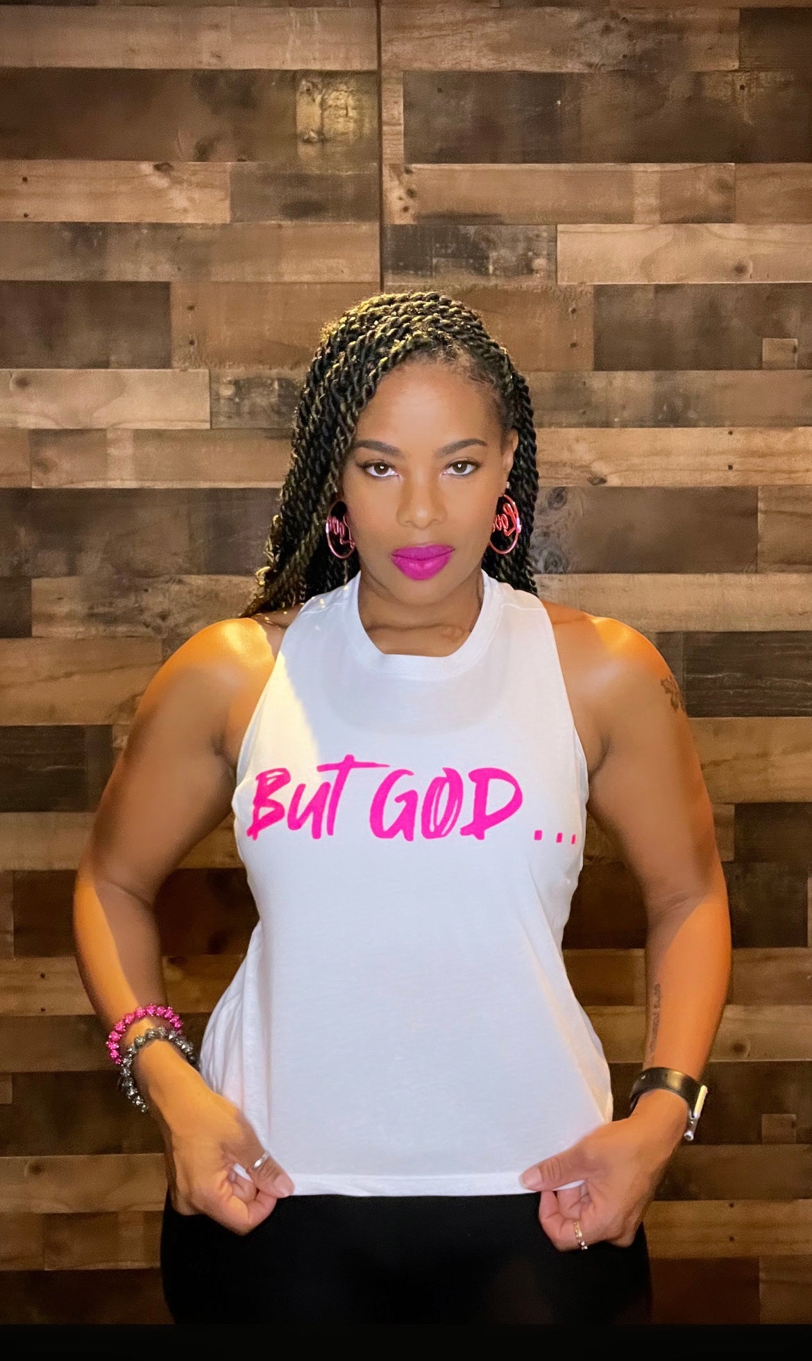 White, racerback, crop top tank with pink writing