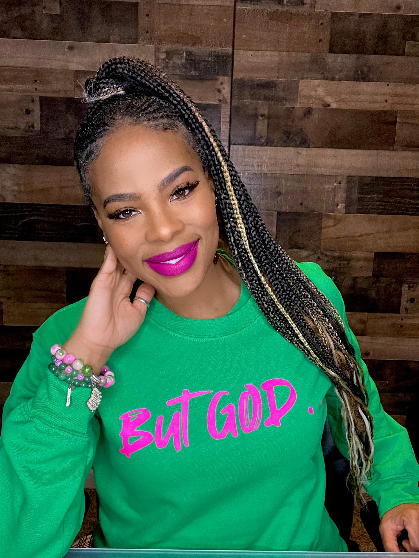 But God... Crewneck - Green & Pink